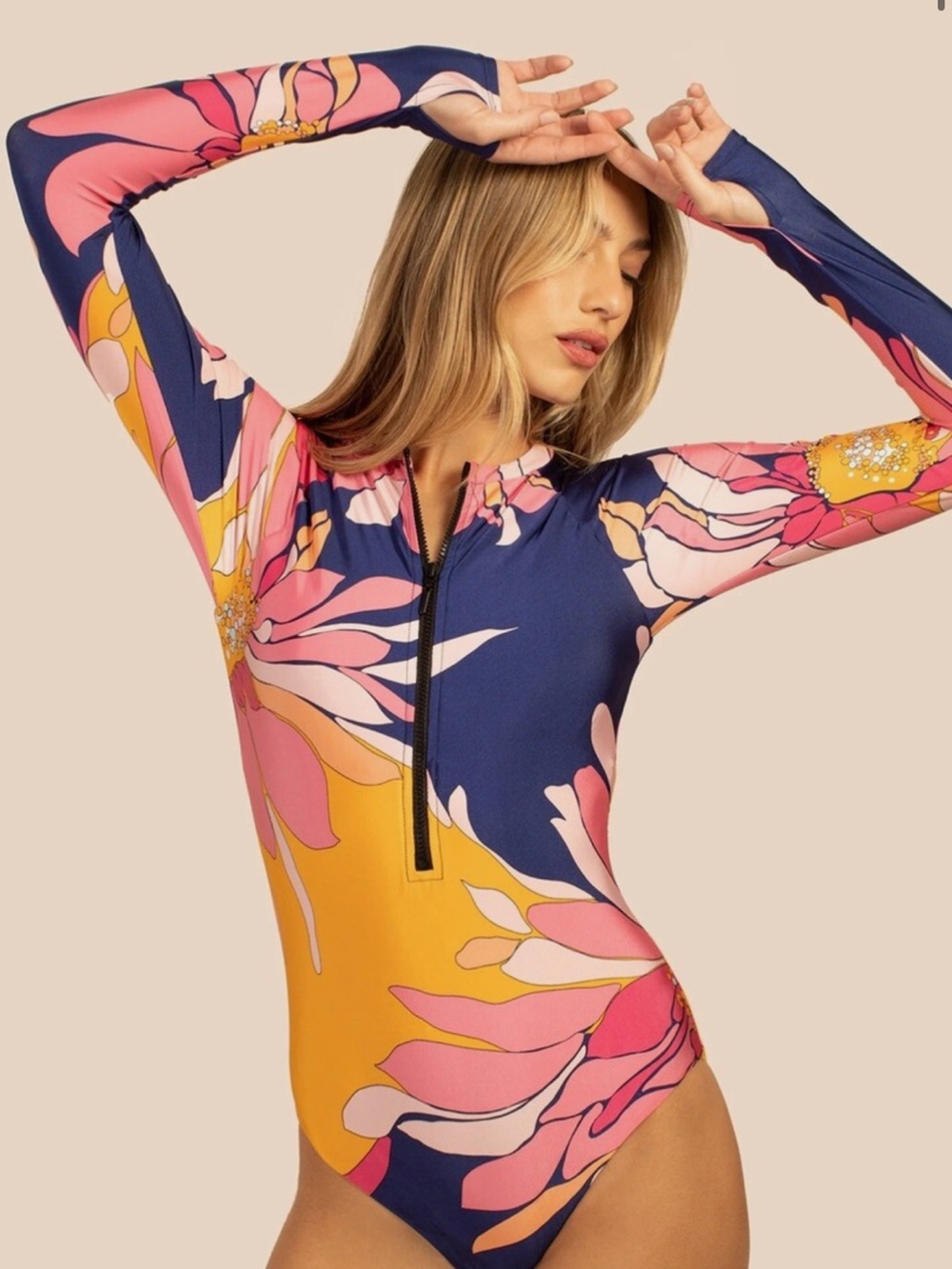 Trina Turk Rashguard Long-Sleeve Floral Zip Front One-Piece Swimsuit